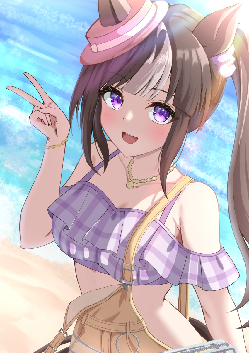 absurdres alternate_hairstyle animal_ears beach blush breasts cleavage collarbone commentary_request female hat highres hokko_tarumae_(pastel_marine_locadol)_(umamusume) hokko_tarumae_(umamusume) horse_ears horse_girl jewelry long_hair looking_at_viewer moyashi_toufu necklace ocean official_alternate_costume purple_eyes side_ponytail solo swimsuit umamusume v