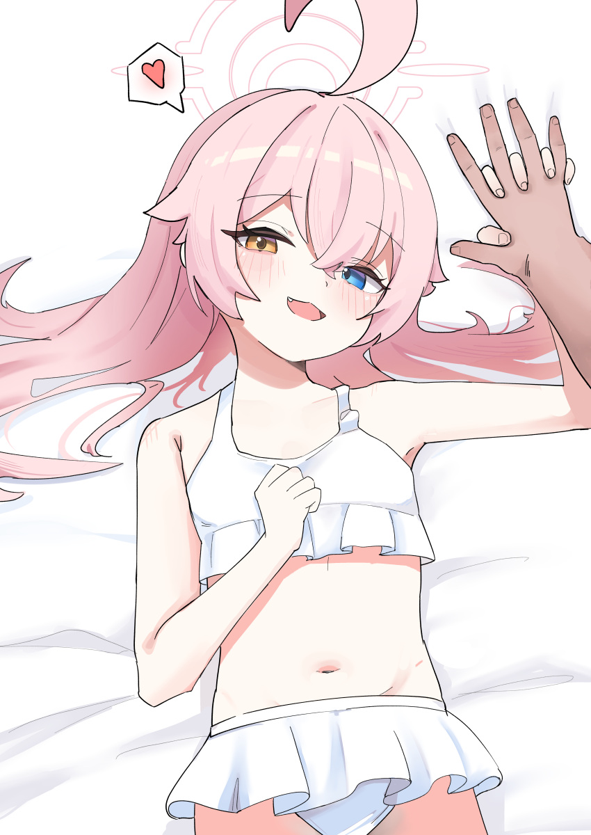 1boy absurdres ahoge bed_sheet bikini blue_archive blush female flat_chest frilled_bikini frills halo heart heterochromia high_(hgih) highres holding_hands hoshino_(blue_archive) hoshino_(swimsuit)_(blue_archive) huge_ahoge interlocked_fingers looking_at_viewer lying navel oerba_yun_fang on_back pink_hair pov pov_hands smile spoken_heart stomach straight swimsuit white_bikini