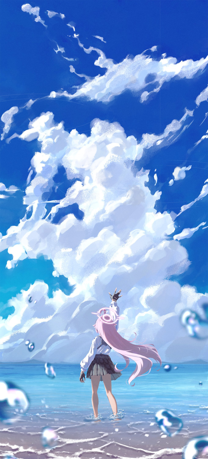 absurdres ahoge barefoot black_skirt blue_archive blue_sky cloud cloudy_sky day female fingerless_gloves from_behind gloves halo hand_up highres hoshino_(blue_archive) long_hair long_sleeves outdoors pink_hair pink_halo reaching scenery shirt skirt sky solo standing very_long_hair water white_shirt yirga