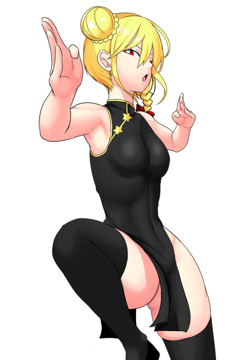 absurdres alternate_costume alternate_hairstyle armpits bare_shoulders black_dress blonde_hair blush braid breasts china_dress chinese_clothes cookie_(touhou) cowboy_shot double_bun dress feet_out_of_frame female hair_bun high_kick highres kicking kirisame_marisa mutsurai_rempo one_eye_closed panties pelvic_curtain red_eyes simple_background slit_pupils solo standing standing_on_one_leg star_(symbol) suzu_(cookie) teeth thighhighs thighs touhou underwear white_background