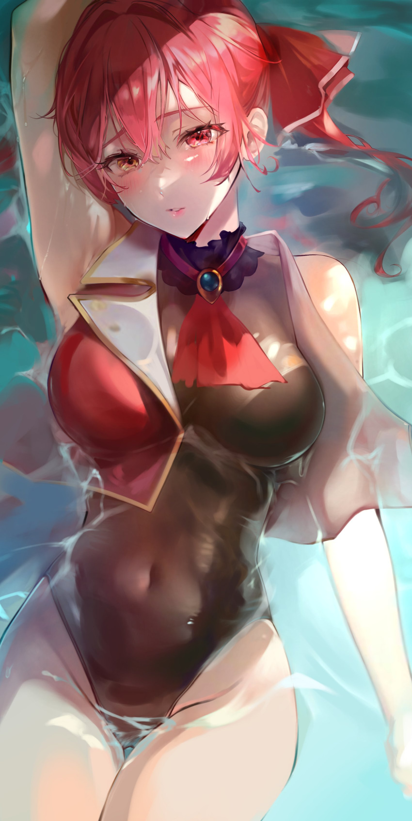 absurdres amatoudesuka arm_up armpits bare_shoulders blush breasts covered_navel female heterochromia highres hololive houshou_marine houshou_marine_(1st_costume) leotard long_hair partially_submerged red_eyes red_hair solo twintails vest virtual_youtuber yellow_eyes