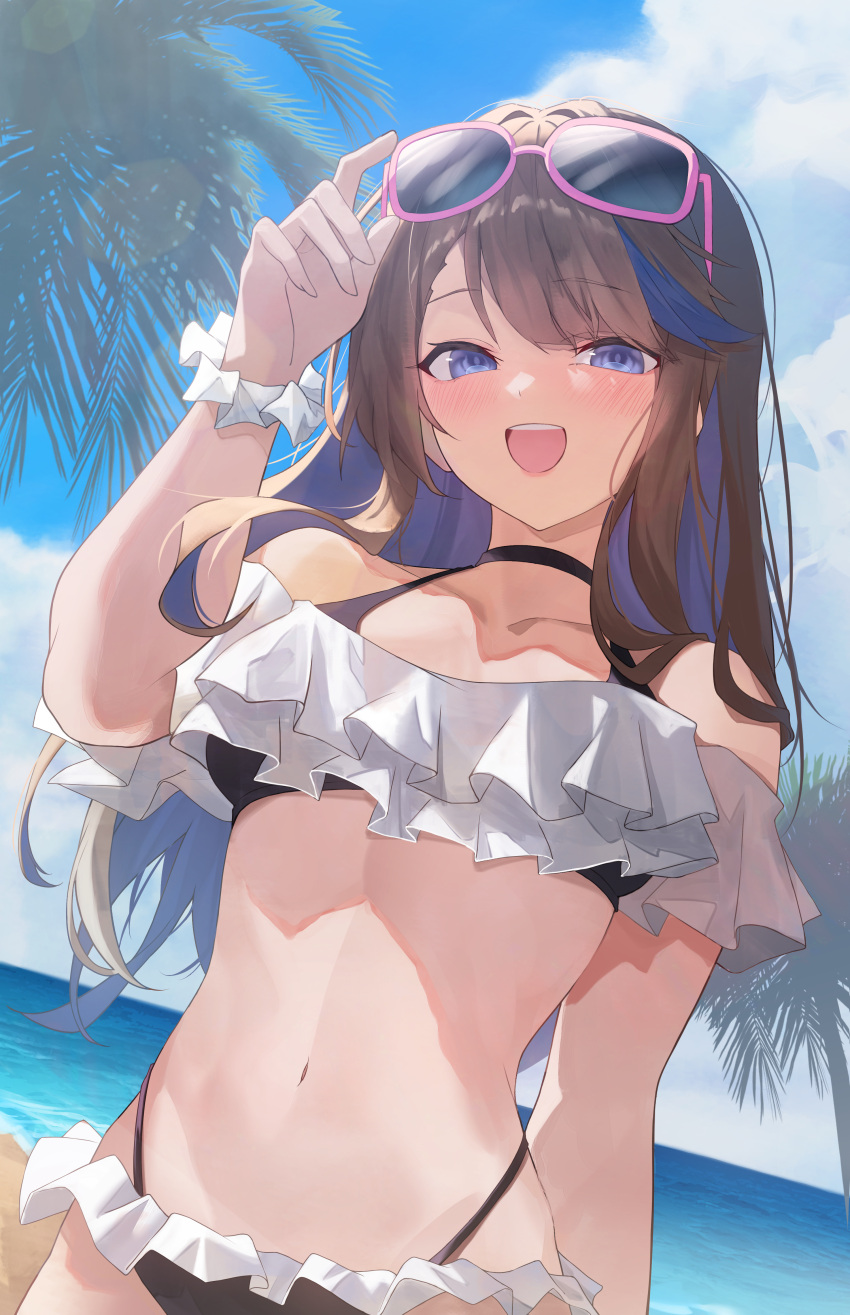 :d absurdres adjusting_eyewear airi_kanna beach bikini black_bikini black_choker blue_eyes blue_hair blue_sky brown_hair choker day dutch_angle eyewear_on_head female frilled_bikini frills highleg highleg_bikini highres long_hair looking_at_viewer multicolored_hair navel ocean open_mouth outdoors palm_tree pink-framed_eyewear seehyun1031 sky smile stellive streaked_hair sunglasses swimsuit tree virtual_youtuber