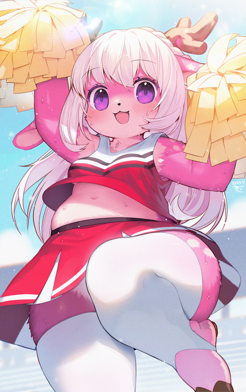 animal_feet animal_nose antlers arm_up armpits blush breasts female furry furry_female highres horns kishibe leg_up long_hair midriff navel open_mouth original pink_eyes pom_pom_(cheerleading) red_shirt red_skirt shirt skirt sleeveless sleeveless_shirt small_breasts smile solo standing standing_on_one_leg sweat thighhighs thighs tona_(kishibe) white_hair white_thighhighs