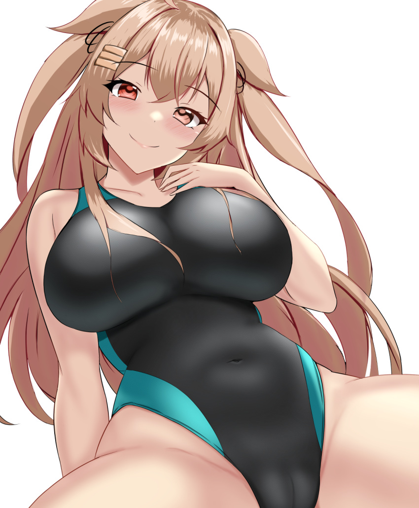 black_one-piece_swimsuit black_ribbon blush breasts brown_eyes cameltoe competition_swimsuit covered_navel cowboy_shot female hair_between_eyes hair_flaps hair_ornament hair_ribbon hairclip hand_on_own_chest heterochromia highres impossible_clothes impossible_swimsuit kantai_collection large_breasts light_brown_hair long_hair looking_at_viewer montemasa murasame_(kancolle) murasame_kai_ni_(kancolle) one-hour_drawing_challenge one-piece_swimsuit red_eyes ribbon smile solo swimsuit two-tone_swimsuit two_side_up white_background