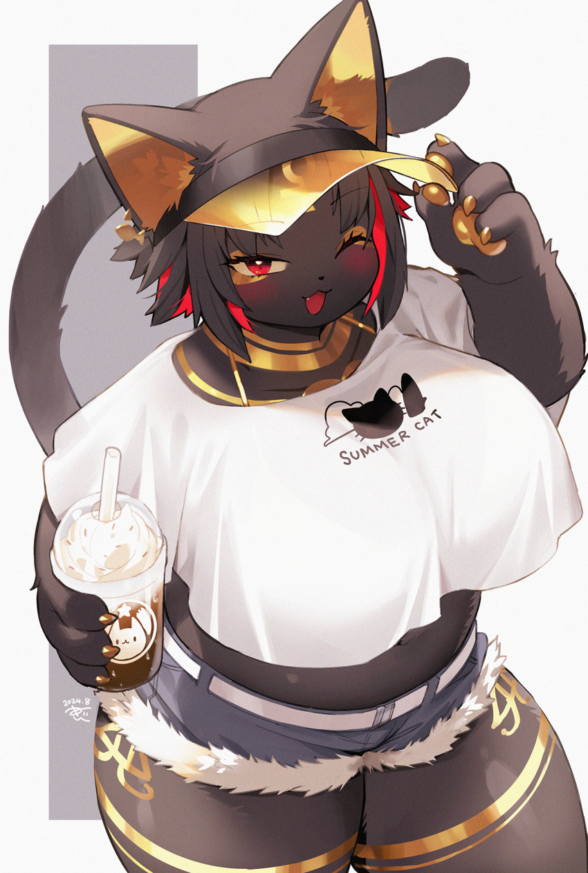 ;d animal_ears black_fur black_hair blue_shorts body_fur breasts cat_ears cat_girl cat_tail clothes_writing cup drinking_straw female fur-trimmed_shorts fur_trim furry furry_female highres holding holding_cup kishibe large_breasts looking_at_viewer multicolored_hair oerba_yun_fang one_eye_closed open_mouth original red_hair shirt short_shorts shorts smile solo tail two-tone_hair visor_cap white_shirt