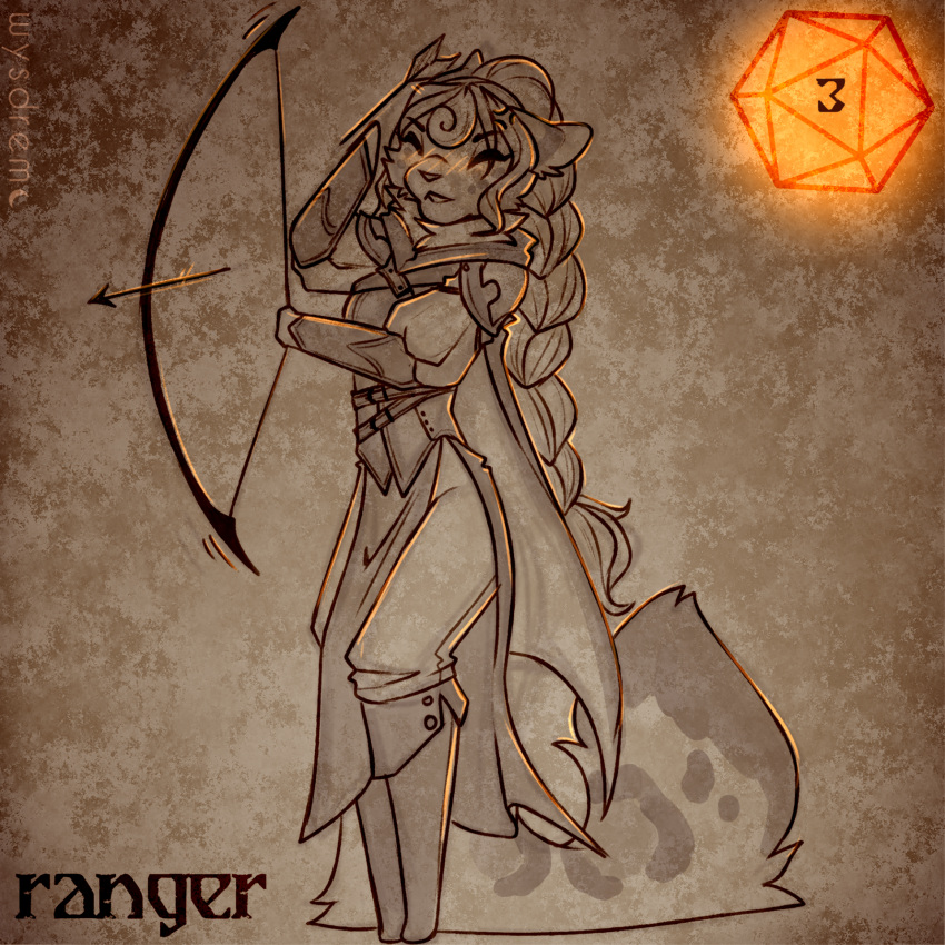 anthro arrow_(weapon) arrowhead blush bow_(weapon) braided_hair breasts closed_eyes dice female hair halloween halloween_2024 hi_res holding_bow_(weapon) holding_object holding_ranged_weapon holding_weapon holidays long_hair long_tail mammal ranged_weapon ranger solo standing tail weapon wysdrem