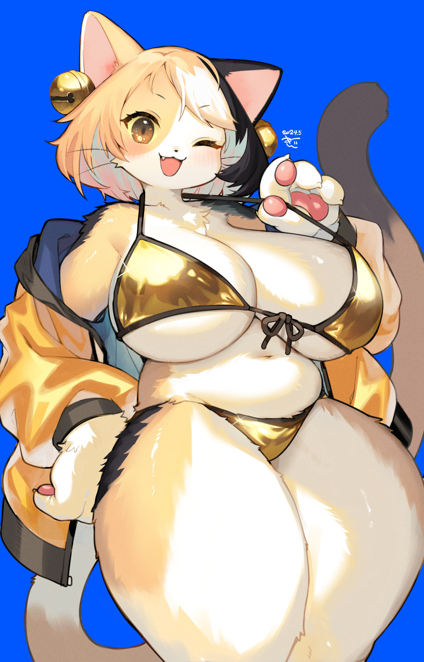 ;d absurdres animal_ears bell bikini black_hair blue_background body_fur breasts brown_eyes cat_ears cat_girl cat_tail female furry furry_female gold_bikini golden_week hair_between_eyes highres huge_breasts jacket jingle_bell kishibe long_hair looking_at_viewer multicolored_hair navel oerba_yun_fang one_eye_closed open_clothes open_jacket open_mouth orange_jacket original short_hair simple_background smile solo standing swimsuit tail thick_thighs thighs two-tone_hair white_fur