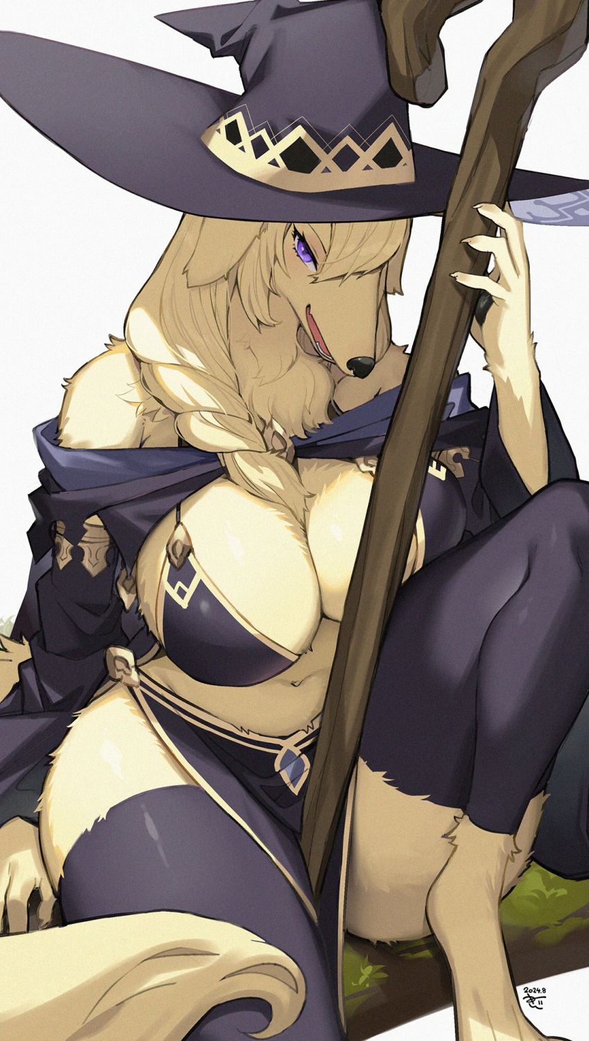 animal_ears barefoot black_hat black_thighhighs blonde_hair braid breasts commentary_request curvy dated dog_ears dog_girl dog_tail female furry furry_female grey_background hair_over_one_eye hat highres holding holding_staff kishibe large_breasts long_hair looking_at_viewer mage_staff original pelvic_curtain purple_eyes signature simple_background sitting solo staff tail thighhighs witch witch_hat