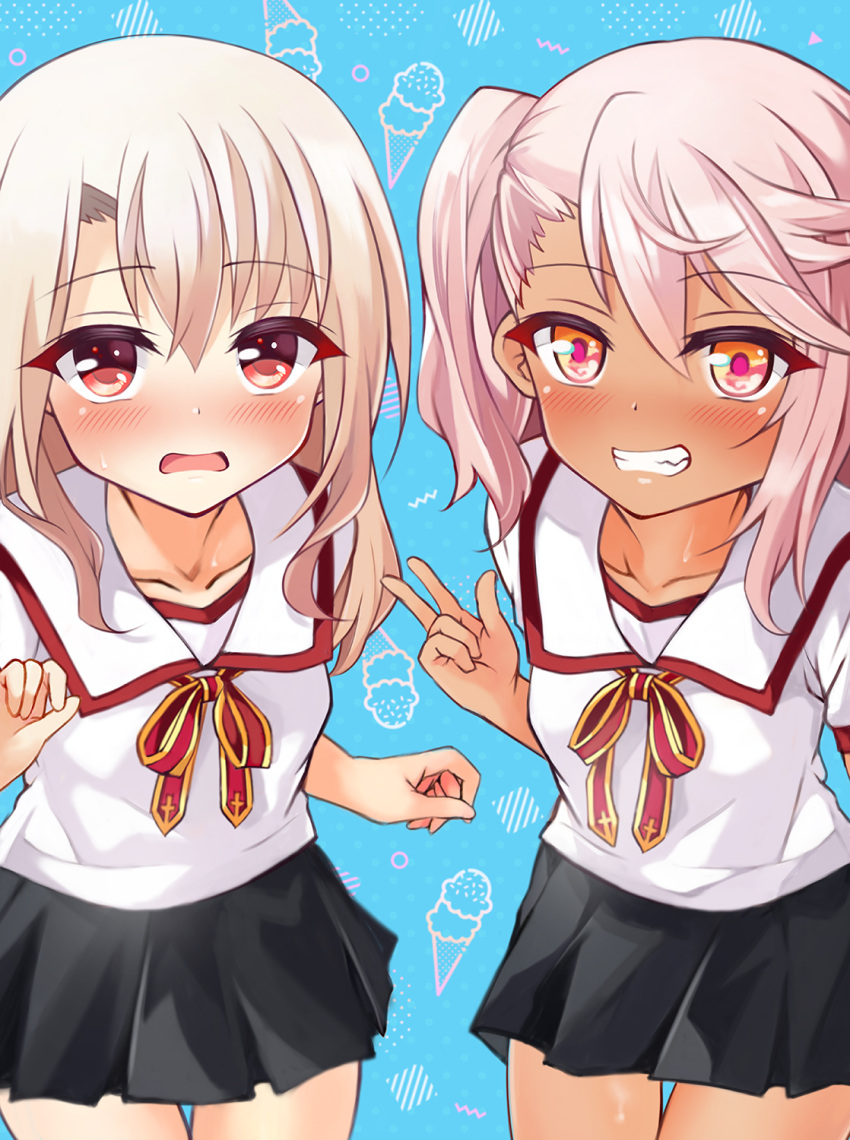 2girls blush breasts chloe_von_einzbern dark-skinned_female dark_skin fate/kaleid_liner_prisma_illya fate_(series) highres homurabara_academy_school_uniform illyasviel_von_einzbern long_hair looking_at_viewer mochi_(k620803n) multiple_girls orange_eyes pink_hair red_eyes school_uniform shirt short_sleeves small_breasts smile white_hair white_shirt