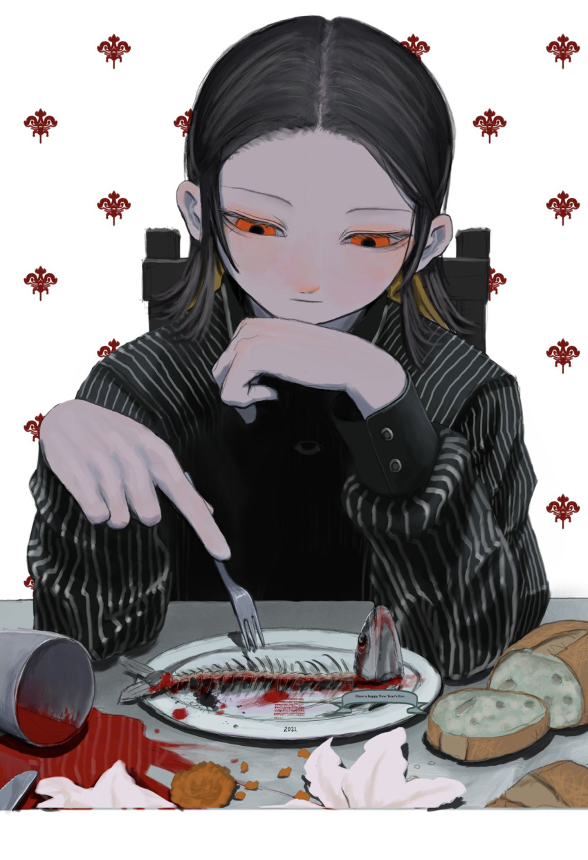 28_berakhah black_shirt blood bread chair cup female fish fish_(food) food fork grey_hair highres holding holding_fork looking_down orange_eyes original plate shirt sitting solo striped_clothes striped_shirt