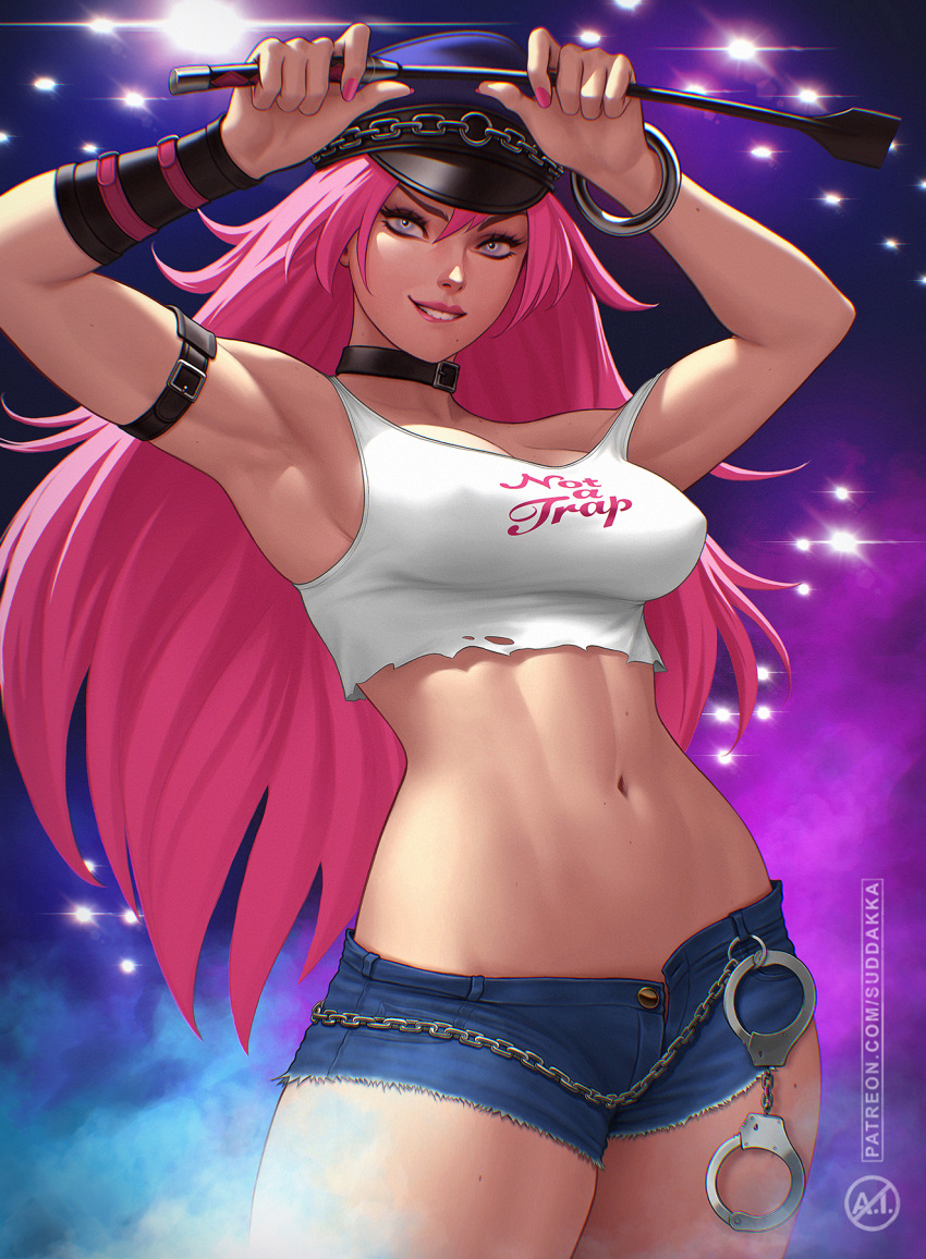 armlet armpits arms_up bangle big_hair biting_own_lip black_armlet black_choker blue_shorts bracelet breasts choker clothes_writing commentary covered_nipples cowboy_shot cuffs denim denim_shorts english_commentary english_text female final_fight fingernails handcuffs hat highres holding holding_riding_crop jewelry long_hair looking_at_viewer makeup mascara medium_breasts mole mole_on_thigh nail_polish open_fly peaked_cap pink_hair pink_nails poison_(final_fight) purple_eyes riding_crop short_shorts shorts single_vambrace solo stage_lights standing street_fighter street_fighter_iv_(series) suddakka thick_thighs thighs toned_female vambraces variant_set