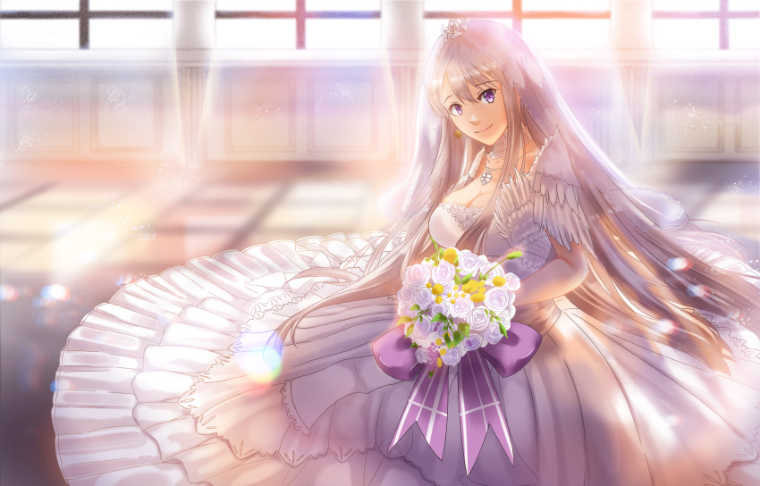 absurdres azur_lane bouquet breasts cleavage crown dress enterprise_(azur_lane) enterprise_(starlight_oath)_(azur_lane) female highres jewelry looking_at_viewer mini_crown necklace official_alternate_costume on_ground smile wedding_dress wesaki_leona