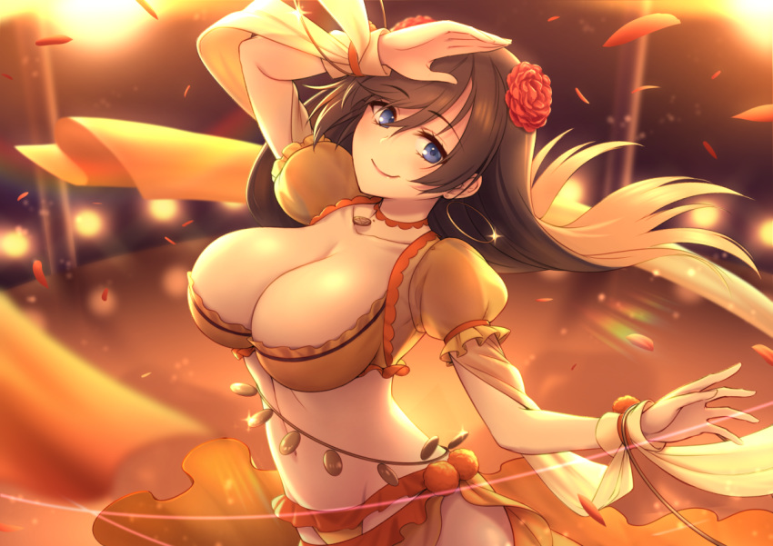 arm_up bikini bikini_bottom_only blue_eyes blurry breasts brown_hair choker cleavage collarbone cowboy_shot crop_top dancer earrings fate/grand_order fate_(series) female flower frills groin hair_flower hair_ornament hoop_earrings jewelry large_breasts long_hair looking_at_viewer mata_hari_(fate) midriff navel orange_bikini orange_shirt oyaji-sou petals puffy_short_sleeves puffy_sleeves red_flower revealing_clothes sarong shirt short_sleeves smile solo stomach swimsuit