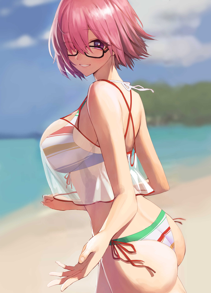 absurdres ass bare_arms bare_shoulders beach bikini black-framed_eyewear blurry blurry_background breasts cowboy_shot day depth_of_field eyes_visible_through_hair fate/grand_order fate_(series) female from_side glasses hair_over_one_eye highres large_breasts looking_at_viewer looking_to_the_side mash_kyrielight mash_kyrielight_(swimsuit_of_perpetual_summer_ver.02) multicolored_bikini multicolored_clothes outdoors outstretched_hand parted_lips pink_hair purple_eyes red_ribbon revision ribbon rororo see-through short_hair side-tie_bikini_bottom smile solo swimsuit