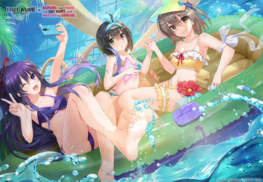 3girls :o bikini black_hair brown_eyes brown_hair closed_mouth date_a_live date_a_live:_spirit_pledge hair_ribbon holding holding_phone honjou_kaede itai_no_wa_iya_nano_de_bougyoryoku_ni_kyokufuri_shitai_to_omoimasu long_hair looking_at_viewer medium_hair multiple_girls official_art one_eye_closed open_mouth outdoors phone purple_bikini purple_eyes purple_hair red_ribbon ribbon shiramine_risa short_hair smile swimsuit v water yatogami_tooka yellow_bikini