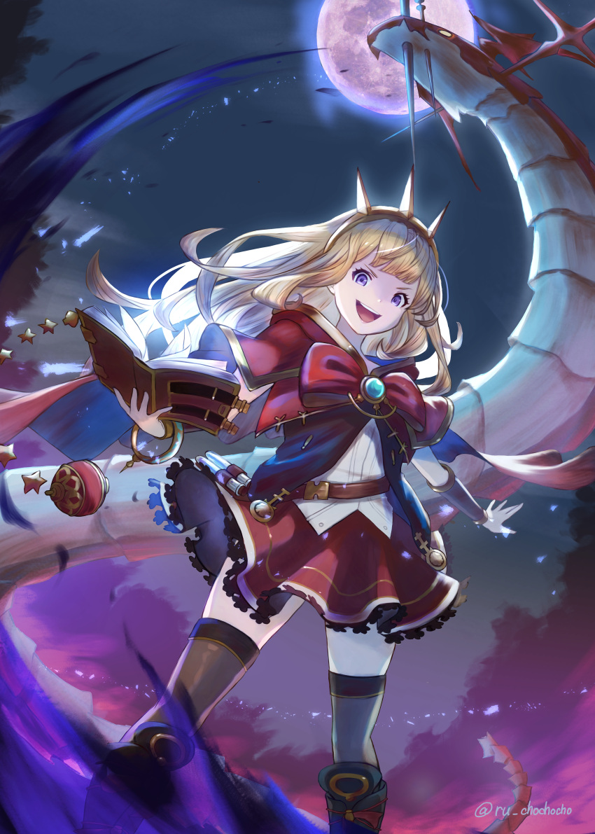 absurdres black_footwear black_thighhighs blonde_hair book boots bracer cagliostro_(granblue_fantasy) cape crown dragon female full_moon granblue_fantasy hairband highres holding holding_book long_hair looking_at_viewer moon night night_sky open_mouth ouroboros_(granblue_fantasy) purple_eyes red_skirt ru_chochocho skindentation skirt sky smile solo spiked_hairband spikes thighhighs tiara