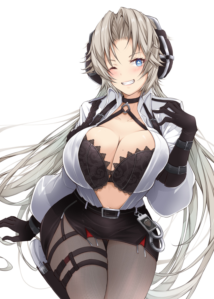 absurdres azur_lane belt black_belt black_bra black_choker black_gloves black_pantyhose black_skirt blonde_hair blue_eyes blush bra bra_peek breasts choker cleavage collarbone commentary_request cowboy_shot cuffs elbow_gloves female gloves grin gun hand_up handcuffs headphones high-waist_skirt highres holster holstered kronshtadt_(azur_lane) kronshtadt_(begin_the_rush!)_(azur_lane) large_breasts long_hair long_sleeves looking_at_viewer mikuchi3939 mole mole_on_breast official_alternate_costume one_eye_closed open_clothes open_shirt pantyhose parted_bangs pencil_skirt police_badge shirt sidelocks simple_background skirt smile solo standing teeth thigh_holster underwear very_long_hair weapon white_background white_shirt