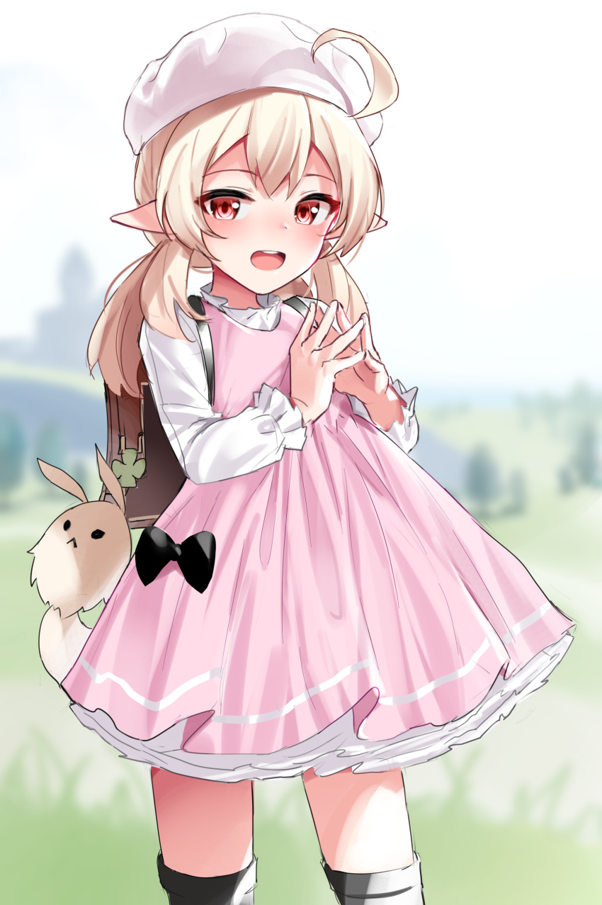 absurdres ahoge alternate_costume backpack bad_id bad_pixiv_id bag blonde_hair blush boots commentary_request dress female genshin_impact grass hair_between_eyes hat highres klee_(genshin_impact) knee_boots looking_at_viewer low_twintails open_mouth own_hands_together pink_dress pointy_ears red_eyes shengtian solo tree twintails