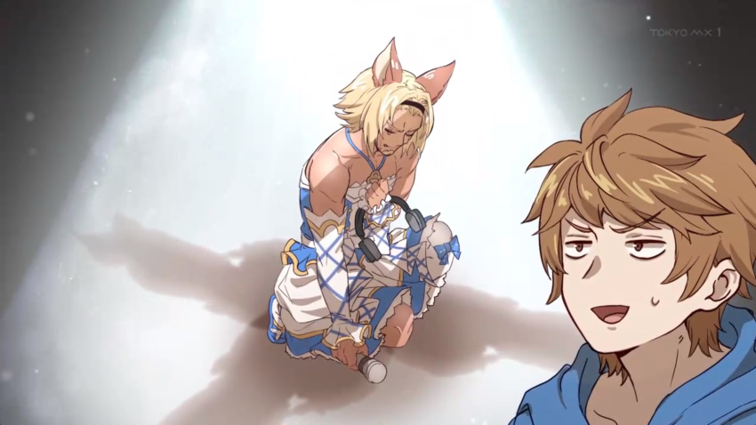 2boys animal_ears anime_screenshot blonde_hair brown_eyes brown_hair closed_eyes crossdressing dark_skin erune facial_hair gloves goatee gran_(granblue_fantasy) granblue_fantasy hairband highres idol_clothes kimi_to_boku_no_mirai lowain_(granblue_fantasy) male_focus multiple_boys short_hair simple_background source_request spotlight white_gloves