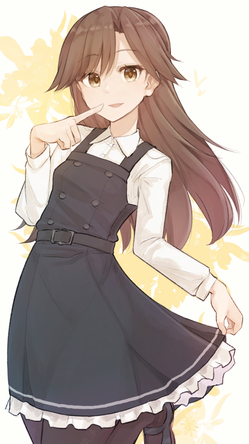 arashio_(kancolle) banned_artist belt belt_buckle black_belt black_legwear brown_eyes brown_hair buckle buttons collared_shirt dress eyebrows_visible_through_hair female frilled_dress frills highres kantai_collection long_hair long_sleeves looking_at_viewer pantyhose pinafore_dress pointing pointing_at_self remodel_(kantai_collection) shirt skirt_hold solo white_shirt yopan_danshaku