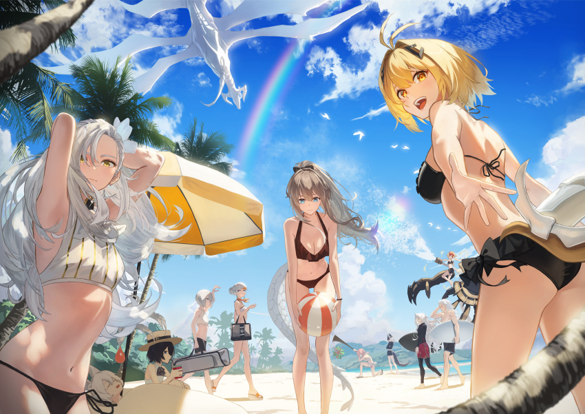 2boys 6+girls absurdres alchemy_stars alternate_costume animal_ears antenna_hair arms_up bag ball bare_legs barefoot barton_(alchemy_stars) beach beach_umbrella beachball bikini black_bikini blindfold bodysuit bow bow_bikini bracelet breasts brooch buried carleen_(alchemy_stars) carleen_(sea_breeze)_(alchemy_stars) charon_(alchemy_stars) cleavage closed_eyes cloud commentary_request crossed_arms curie_(alchemy_stars) day diving_suit drooling duffel_bag floating flower food frilled_bikini frills fruit grey_hair gronru_(alchemy_stars) hair_bun hair_flower hair_intakes hair_ornament hand_in_own_hair handbag hara_kenshi hat highres hiiro_(alchemy_stars) horns jewelry long_hair looking_at_viewer looking_back male_swimwear mechanical_arms medium_breasts mismatched_bikini mountain mouth_drool ms._blanc_(alchemy_stars) multicolored_hair multiple_boys multiple_girls nadine_(alchemy_stars) navel official_alternate_costume on_one_knee open_mouth outdoors palm_tree philyshy_(alchemy_stars) pink_hair platform_footwear ponytail rainbow reaching reaching_towards_viewer sand sandals sarashi scar scar_across_eye scar_on_face shade sharona_(alchemy_stars) shore short_hair shorts sidelocks single_hair_bun sitting sky sleeping small_breasts soroz_(alchemy_stars) standing suikawari surfboard swim_trunks swimsuit tail teeth topless_male tree two-tone_hair umbrella upper_teeth_only vice_(alchemy_stars) vice_(ray_of_sunshine)_(alchemy_stars) vivian_(alchemy_stars) walking water water_balloon watermelon wetsuit white_hair yellow_eyes zoya_(alchemy_stars)