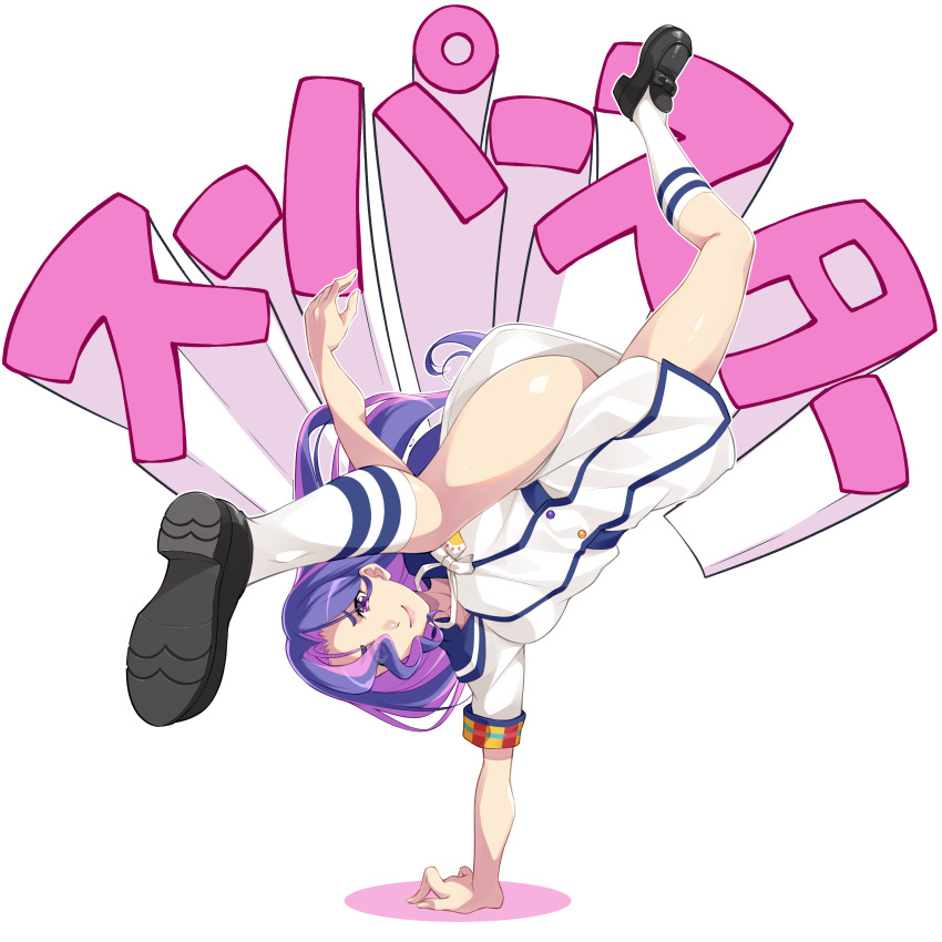 absurdres black_footwear breakdance breasts closed_mouth commentary female highres hiiragi_mao_(love_live!) kneehighs loafers long_hair long_sleeves looking_at_viewer love_live! love_live!_superstar!! medium_breasts mukunokino_isshiki multicolored_hair pink_hair purple_eyes purple_hair shiny_skin shoes smile socks solo translated two-tone_hair upside-down wavy_hair white_socks