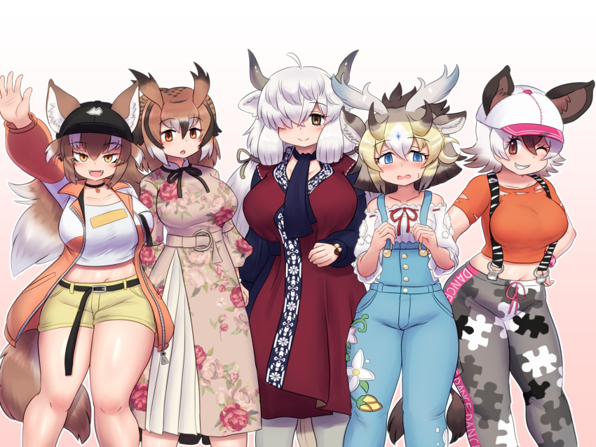 5girls ;) ahoge alternate_breast_size animal_ears arm_at_side arm_up arms_at_sides bare_arms bare_shoulders baseball_cap black_hair black_horns blonde_hair blue_eyes blush breasts brown_eyes brown_hair closed_mouth collar collarbone crop_top cropped_shirt dress ears_through_headwear empty_eyes eurasian_eagle_owl_(kemono_friends) extra_ears fangs feet_out_of_frame floral_print giraffe_ears giraffe_girl gradient_background grey_horns grin hair_between_eyes hair_ribbon hand_on_own_hip hands_up hat highres horns huge_breasts jacket japanese_wolf_(kemono_friends) kemono_friends kemono_friends_3 large_breasts legs_apart long_bangs long_dress long_hair long_sleeves medium_hair midriff mo23 multicolored_hair multicolored_horns multiple_girls navel neck_ribbon nervous official_alternate_costume okapi_(kemono_friends) okapi_ears okapi_tail one_eye_closed open_clothes open_jacket open_mouth outstretched_arm outstretched_hand overalls owl_ears ox_ears ox_horns pants pantyhose parted_lips print_dress ribbon scarf shirt short_shorts short_sleeves shorts side-by-side sivatherium_(kemono_friends) smile standing stomach suspenders t-shirt tail torn_clothes torn_shirt tsurime very_long_hair white_hair wolf_ears wolf_girl wolf_tail yak_(kemono_friends)