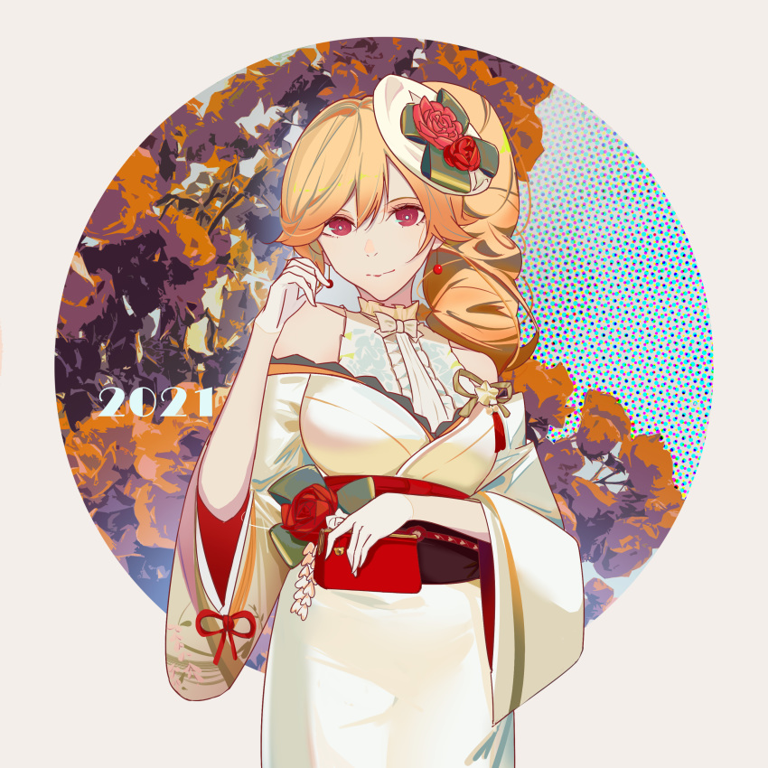 2021 absurdres azur_lane bag bare_shoulders blonde_hair center_frills cowboy_shot drill_hair drill_ponytail earrings female flower frilled_kimono frills gloves grey_background handbag hat hat_flower highres holding holding_bag huangmao japanese_clothes jewelry kimono kimono_dress long_hair mini_hat off_shoulder official_alternate_costume purple_eyes red_flower red_rose richelieu_(azur_lane) richelieu_(evergreen_prophecy)_(azur_lane) rose side_drill single_drill solo tilted_headwear white_gloves white_hat white_kimono wide_sleeves