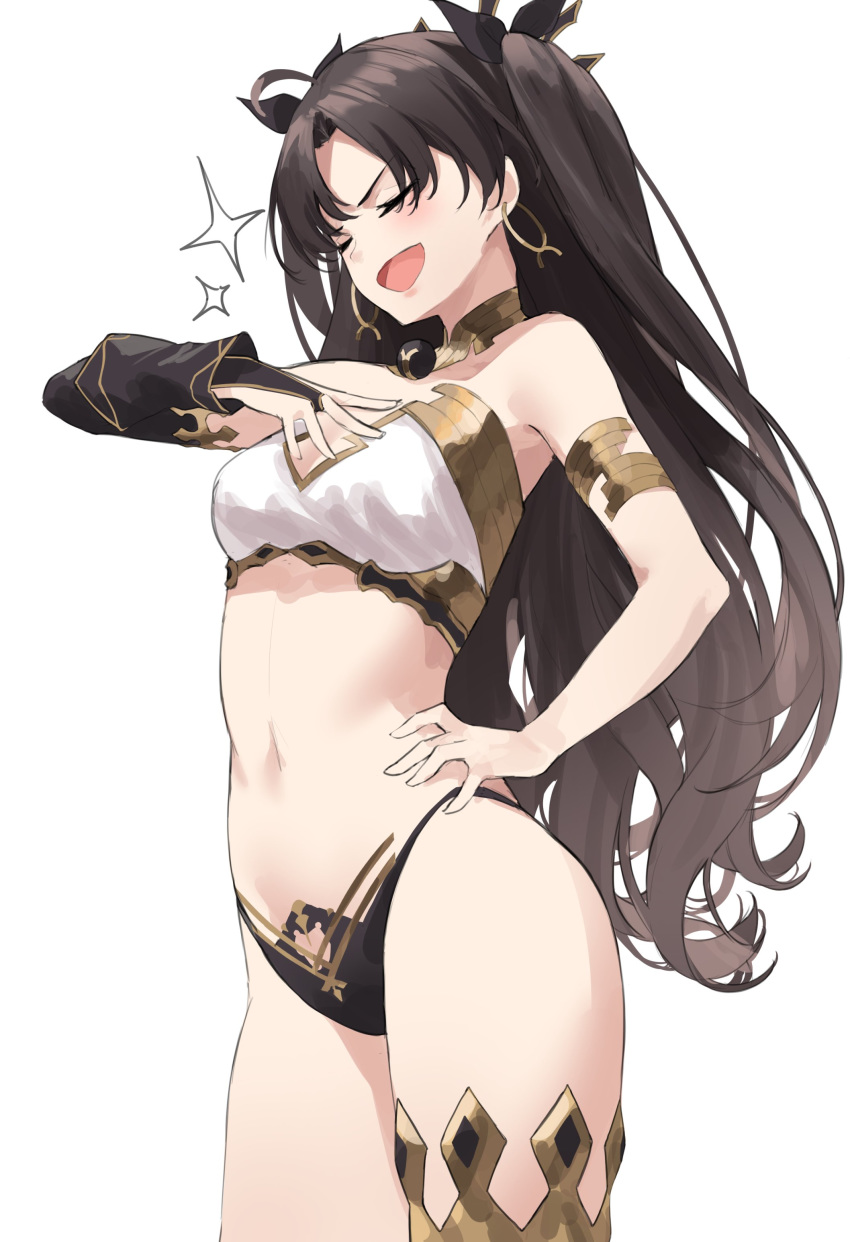 :d absurdres ahoge bare_shoulders bikini black_bikini black_hair breasts closed_eyes cowboy_shot earrings fate/grand_order fate_(series) female hair_ribbon hand_on_hip hand_on_own_chest highleg highleg_bikini highres hoop_earrings ishtar_(fate)_(all) ishtar_(fate/grand_order) jewelry long_hair medium_breasts mismatched_bikini navel open_mouth ribbon simple_background single_thighhigh smile solo sparkle standing star741 stomach swimsuit thighhighs thighs two_side_up white_background white_bikini