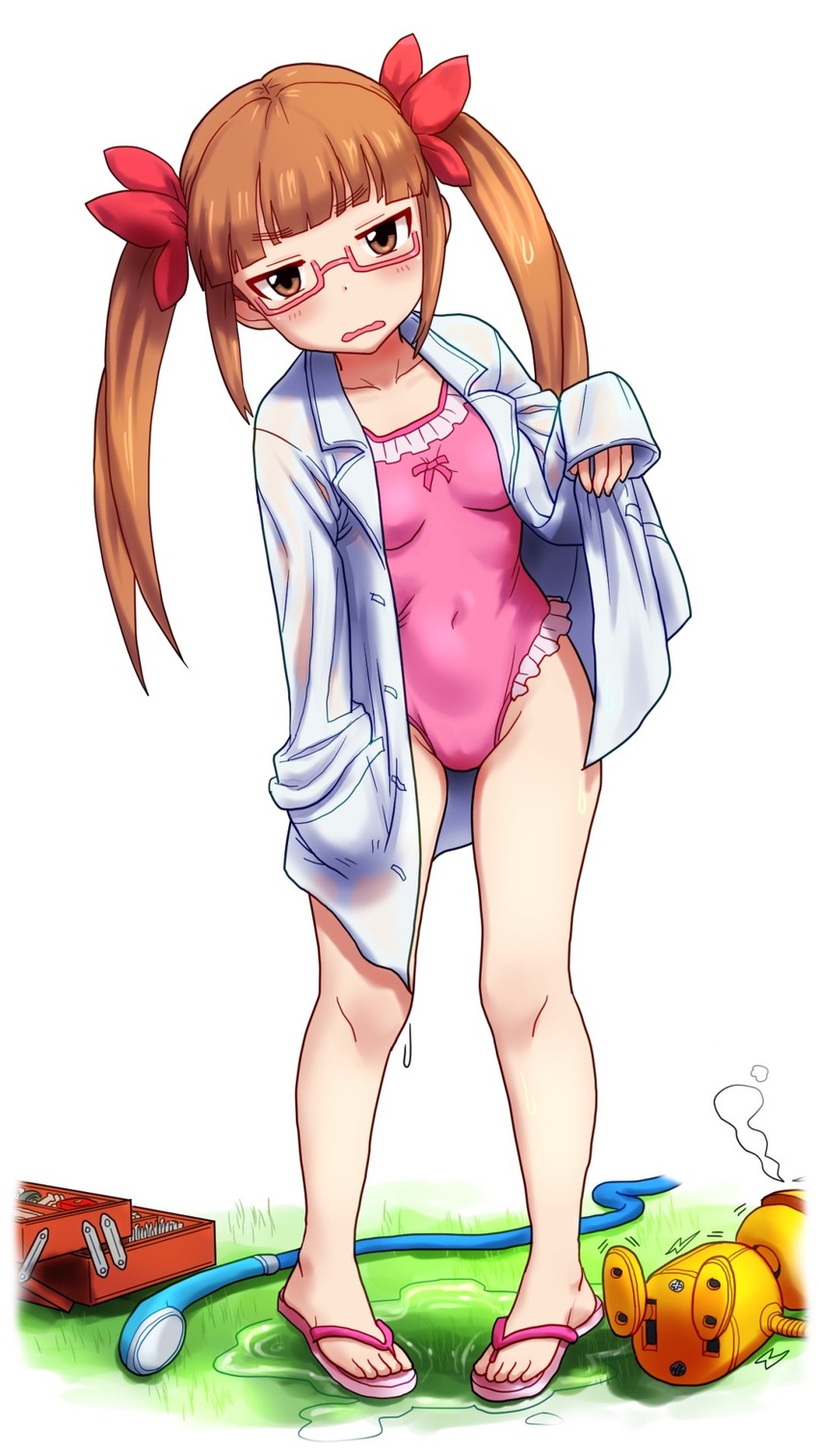 blunt_bangs blush bow breasts brown_eyes brown_hair casual_one-piece_swimsuit collarbone covered_navel dot_nose female frilled_one-piece_swimsuit frills glasses hairbow hand_in_pocket hand_up highres hose idolmaster idolmaster_cinderella_girls idolmaster_cinderella_girls_starlight_stage ikebukuro_akiha kezune_(i-_-i) lab_coat long_hair long_sleeves looking_at_viewer on_grass one-piece_swimsuit open_mouth pigeon-toed pink-framed_eyewear pink_one-piece_swimsuit pink_ribbon red_ribbon ribbon robot semi-rimless_eyewear shower_head simple_background small_breasts solo standing swimsuit toolbox twintails under-rim_eyewear wavy_mouth wet wet_clothes white_background