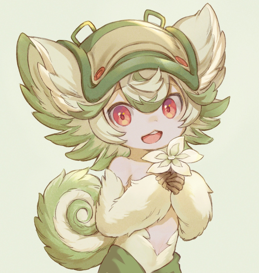 animal_ears choke_(amamarin) curled_tail female flower fur green_background green_hair green_hat hat highres light_green_hair looking_at_viewer made_in_abyss messy_hair multicolored_hair prushka red_eyes solo tail teeth topless two-tone_hair upper_teeth_only