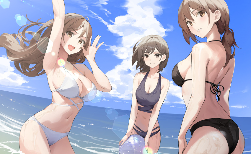 3girls :d absurdres arm_up armpits ass bare_arms bare_shoulders bikini black_bikini breasts brown_eyes brown_hair cleavage commentary_request cowboy_shot floating_hair grin halter_top halterneck hand_up highres korean_commentary large_breasts long_hair looking_at_viewer low_ponytail mixed-language_commentary multi-strapped_bikini multiple_girls navel ocean open_mouth original outdoors partial_commentary revision short_hair smile star741 stomach string_bikini swimsuit wading wet white_bikini