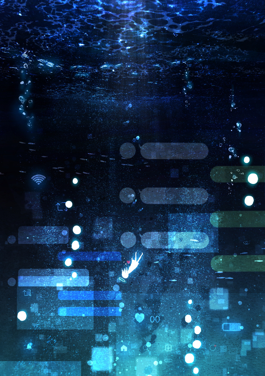 absurdres battery_indicator bubble caustics commentary dress eye_symbol female fish glowing halo heart highres original profile_picture rinneko_(rinne_paint) scenery solo underwater very_wide_shot water wi-fi_symbol