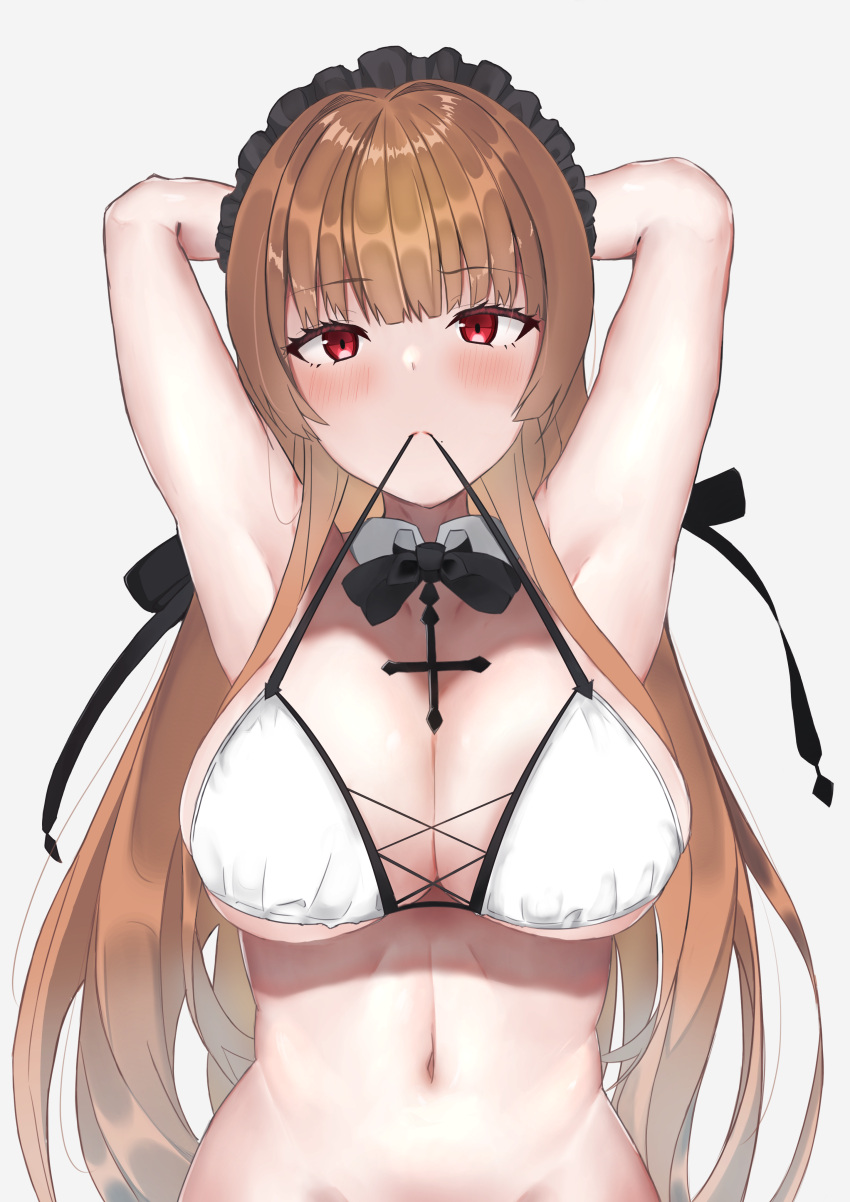 absurdres armpits arms_behind_head azur_lane bikini bikini_in_mouth black_headband breasts brown_hair cleavage clothes_in_mouth cross cross-laced_bikini cross-laced_clothes cross_necklace female frilled_hairband frills hairband headband highres iroha_uca jewelry large_breasts long_hair looking_at_viewer maid maid_bikini mole mole_under_mouth mouth_hold multi-strapped_bikini navel necklace official_alternate_costume red_eyes sideboob simple_background solo stomach swiftsure_(azur_lane) swiftsure_(midsummer_special_service)_(azur_lane) swimsuit two-tone_bikini unconventional_maid underboob white_background white_bikini