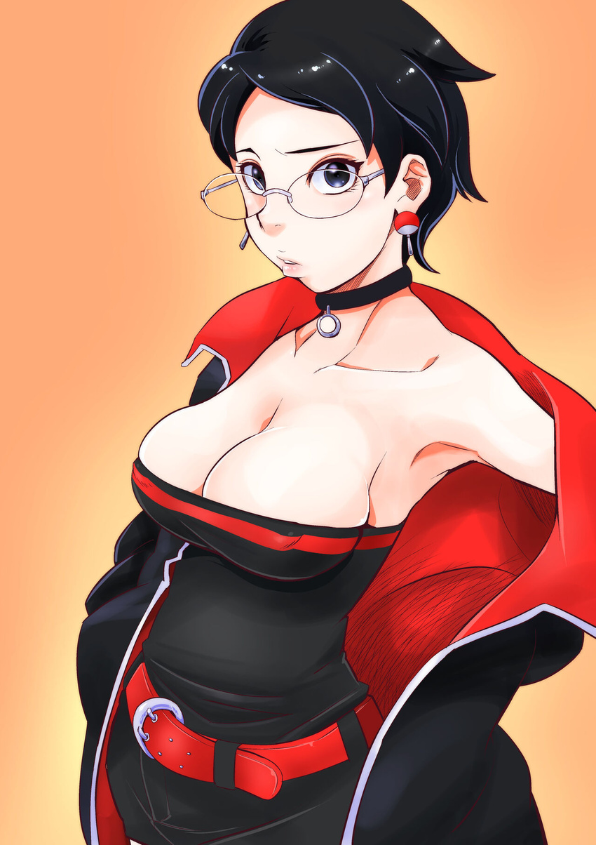 1girls ass black_hair blue_eyes boruto:_naruto_next_generations boruto:_two_blue_vortex breasts covered_erect_nipples female female_focus female_only fully_clothed glasses large_breasts naruto naruto_(series) sarada_uchiha short_hair solo sunahara_wataru teeth