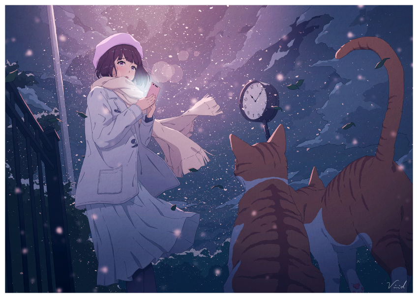 analog_clock artist_name black_hair cellphone clock coat commentary feline female fence highres long_hair night original outdoors phone pink_headwear pocket scarf skirt snow snowing standing vivid507 white_coat white_scarf white_skirt