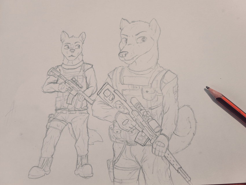 4:3 absurd_res anthro assault_rifle canid canine clothing duo graphite_(artwork) gun hi_res holding_object holding_weapon looking_at_another male mammal military military_uniform pencil_(artwork) ranged_weapon rifle simple_background sniper_rifle soldier svd traditional_media_(artwork) uniform warrior weapon wolfyalex96