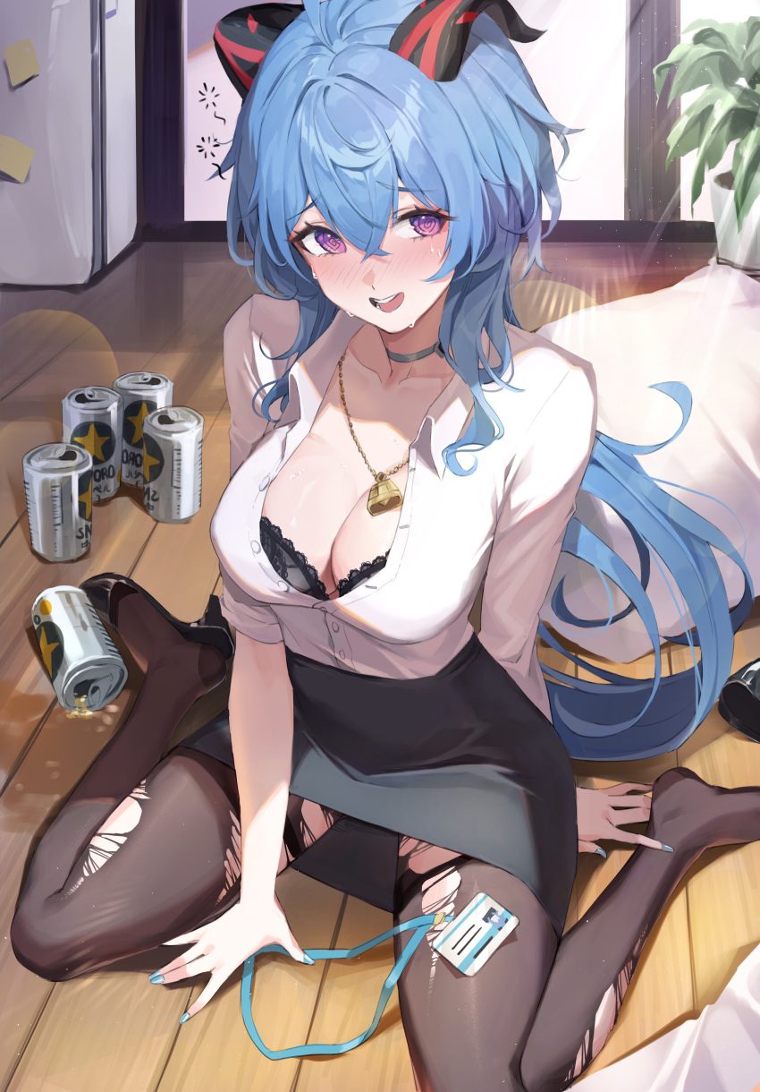 @_@ absurdres ahoge beer_can bell black_bra black_pantyhose black_skirt blue_hair blue_nails blush bra breasts can choker collared_shirt commentary contemporary cowbell crossed_bangs dress_shirt drink_can female ganyu_(genshin_impact) genshin_impact goat_horns hair_between_eyes high_heels highres horns id_card indoors lanyard large_breasts long_hair looking_at_viewer miniskirt nail_polish netural nose_blush office_lady open_mouth pantyhose partially_unbuttoned pencil_skirt plant purple_eyes raised_eyebrows shirt shoes single_shoe sitting skirt smile solo spill squeans squiggle sweat torn_clothes torn_pantyhose underwear unworn_shoes very_long_hair wariza white_shirt wing_collar wooden_floor