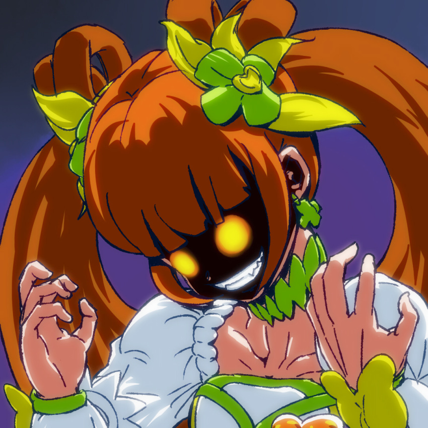 berserker_rage blunt_bangs brooch choker claw_pose clover_hair_ornament collarbone commentary_request cure_rosetta dokidoki!_precure evil_grin evil_smile female glowing glowing_eyes gradient_background green_choker grin hair_ornament hair_rings hands_up heart heart_brooch heart_hair_ornament jewelry long_sleeves magical_girl okka_(okka0918) orange_hair parody partial_commentary precure senki_zesshou_symphogear shaded_face simple_background smile solo teeth twintails upper_body yellow_eyes yotsuba_alice