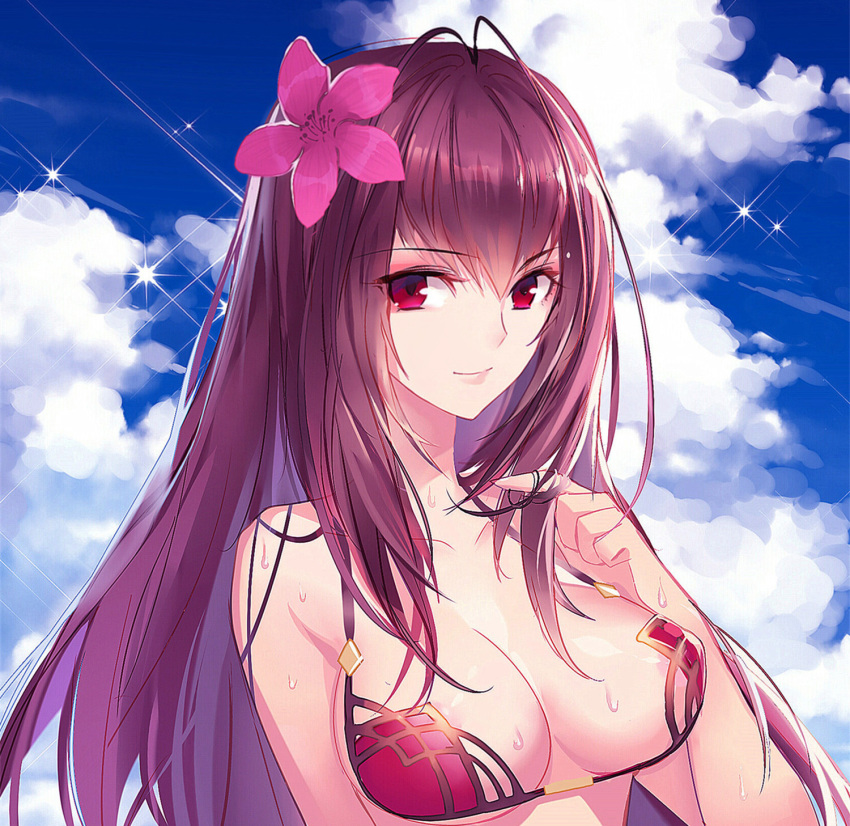 antenna_hair areola_slip bare_arms bare_shoulders bikini blue_sky breasts cleavage closed_mouth cloud cloudy_sky day fate/grand_order fate_(series) female flower gekka_nanako hair_between_eyes hair_flower hair_ornament halterneck hand_up hibiscus highres large_breasts long_hair looking_at_viewer outdoors pink_flower purple_bikini purple_hair red_eyes revision scathach_(fate) scathach_(swimsuit_assassin)_(fate) shiny_skin sky smile solo sparkle strap_gap sweat swimsuit twirling_hair underboob upper_body