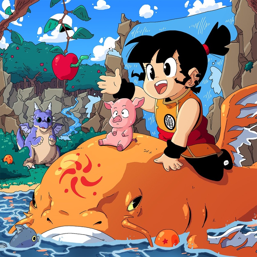 :d apple black_eyes black_footwear black_hair black_pants blue_sky bush cloud cloudy_sky commentary day dragon dragon_ball dragon_ball_(object) english_commentary female fish food fruit highres icarus_(dragon_ball) open_mouth orange_shirt original pants pig rock scott_malin shadow shirt shoes sky sleeveless sleeveless_shirt smile teeth tree upper_teeth_only water waterfall worm