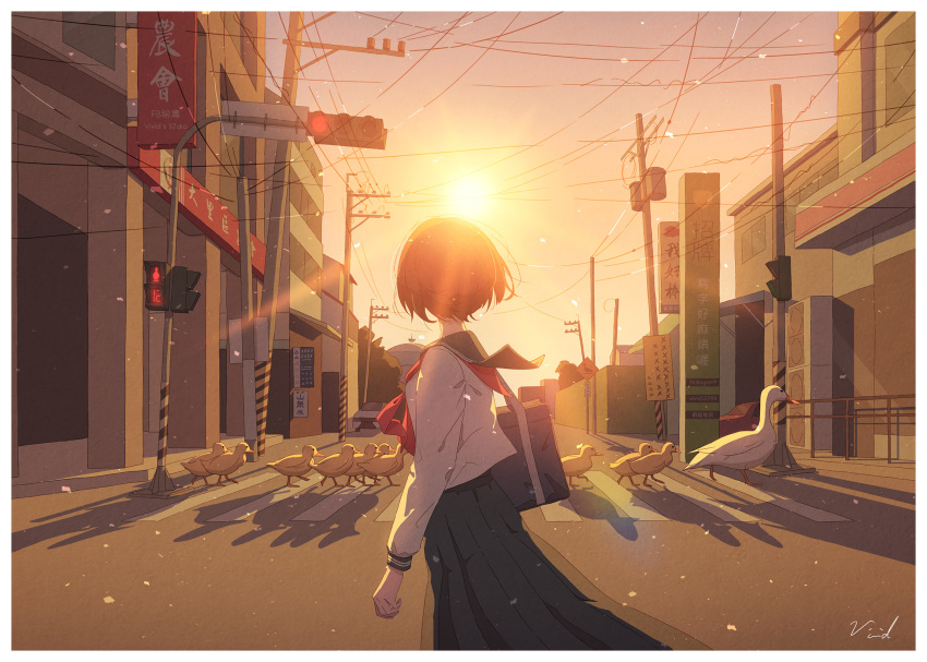 artist_name bag bird blue_skirt commentary crosswalk duck duckling female handbag highres long_sleeves original outdoors power_lines school_uniform serafuku shadow short_hair skirt solo sunlight sunset traffic_light twilight utility_pole vivid507