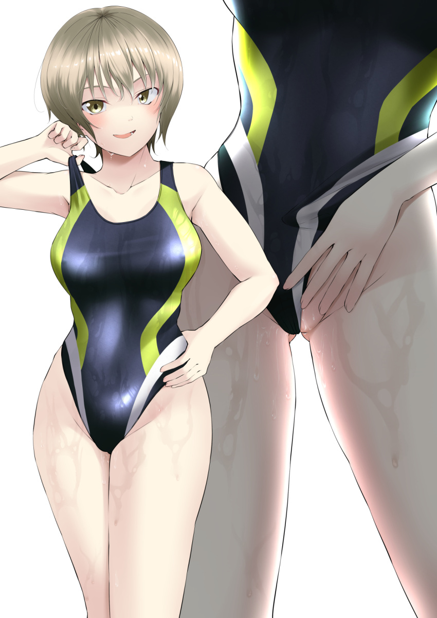 akebi-chan_no_serafuku black_one-piece_swimsuit breasts brown_eyes clothes_pull collarbone commission competition_swimsuit cowboy_shot female grey_hair highres kagiyama_shachou looking_at_viewer medium_breasts minakami_riri multiple_views one-piece_swimsuit one-piece_swimsuit_pull partially_visible_vulva skeb_commission standing swimsuit