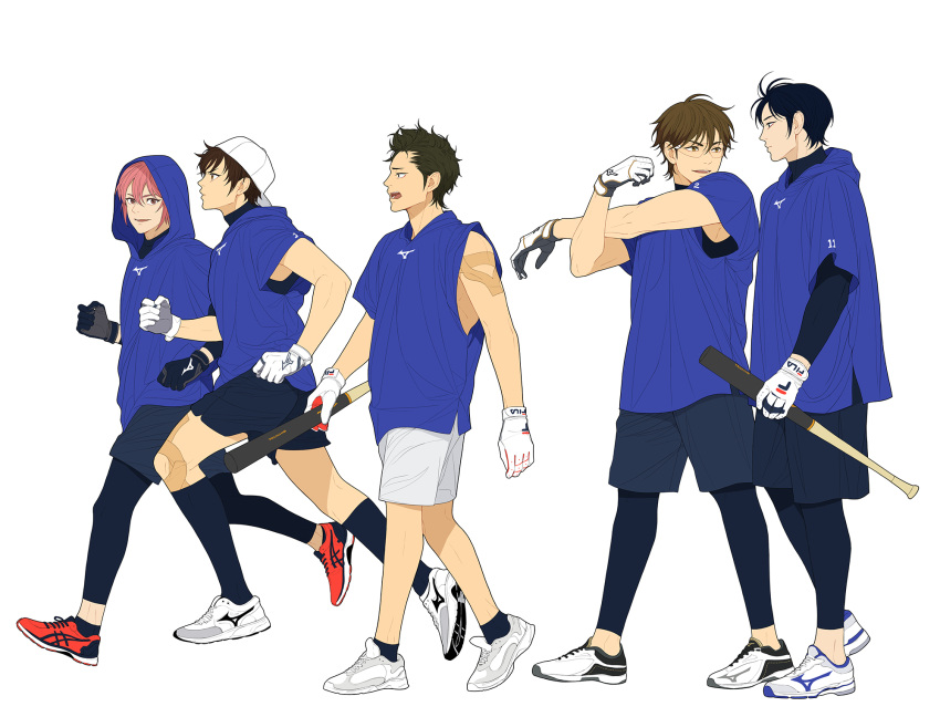 5boys ace_of_diamond backwards_hat baseball_bat baseball_cap black_gloves black_hair blue_eyes blue_shirt brown_eyes brown_hair cross-body_stretch exercising furuya_satoru glasses gloves green_eyes green_hair hat highres holding holding_baseball_bat hood jogging kominato_ryousuke kuramochi_youichi looking_at_another male_focus miyuki_kazuya multiple_boys pantyhose_under_shorts pink_hair red_footwear sawamura_eijun shirt shoes short_hair shorts simple_background smile sportswear stretching twoframe white_footwear white_gloves