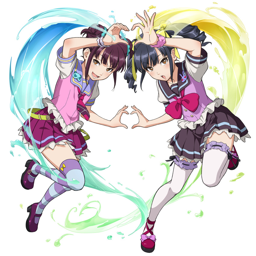 2girls black_hair black_skirt brown_eyes double_bun drill_hair hair_bun heart heart_hands heart_hands_duo highres kandagawa_jet_girls looking_at_viewer mary_janes multiple_girls naruko_hanaharu official_art open_mouth pan_dina pan_ziyu pleated_skirt purple_skirt red_hair ribbon-trimmed_legwear ribbon_trim scrunchie shoes short_sleeves siblings sisters skirt striped_clothes striped_thighhighs thighhighs transparent_background twins twintails wrist_cuffs wrist_scrunchie zettai_ryouiki