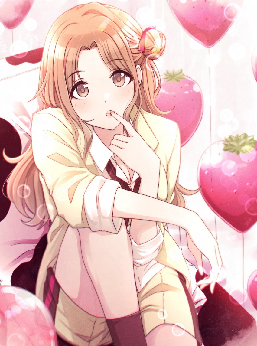 animal_print balloon blurry blurry_foreground blush breasts brown_eyes brown_hair chocolate cleavage couch cow_print dars elbow_on_knee female food food_in_mouth fruit hair_bun hair_ribbon hand_up highres ichikawa_hinana idolmaster idolmaster_shiny_colors jacket knee_up kusaka_io large_breasts long_hair long_sleeves looking_at_viewer necktie on_couch open_clothes open_jacket open_mouth parted_bangs red_necktie red_ribbon ribbon shirt shorts single_hair_bun single_side_bun solo strawberry striped_necktie white_shirt yellow_jacket yellow_shorts