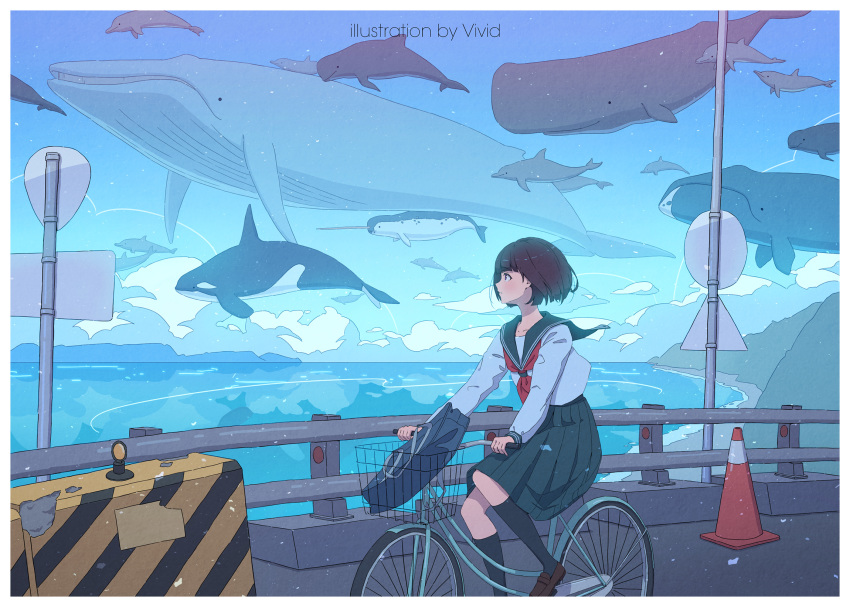 artist_name bag beluga_whale bicycle black_hair blue_skirt blue_whale bob_cut bowhead_whale brown_footwear cloud commentary dolphin female flying_whale handbag highres jersey_barrier long_sleeves looking_afar narwhal orca original railing riding riding_bicycle roadblock school_uniform serafuku shirt short_hair skirt sperm_whale traffic_barrier traffic_cone utility_pole vivid507 whale white_shirt