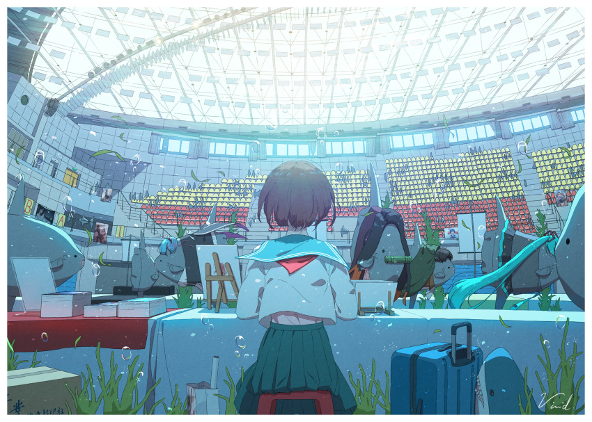 air_bubble bleachers box brown_hair bubble commentary convention coral cosplay easel female fish from_behind hatsune_miku hatsune_miku_(cosplay) highres indoors kamado_nezuko kamado_nezuko_(cosplay) kimetsu_no_yaiba leaf levi_(shingeki_no_kyojin) luggage original paper re:zero_kara_hajimeru_isekai_seikatsu rem_(re:zero) rem_(re:zero)_(cosplay) rolling_suitcase scenery school_uniform seaweed serafuku shark shingeki_no_kyojin shirt short_hair sitting skirt stadium stairs stool stuffed_animal stuffed_shark stuffed_toy suitcase sunfish underwater vivid507 vocaloid white_shirt