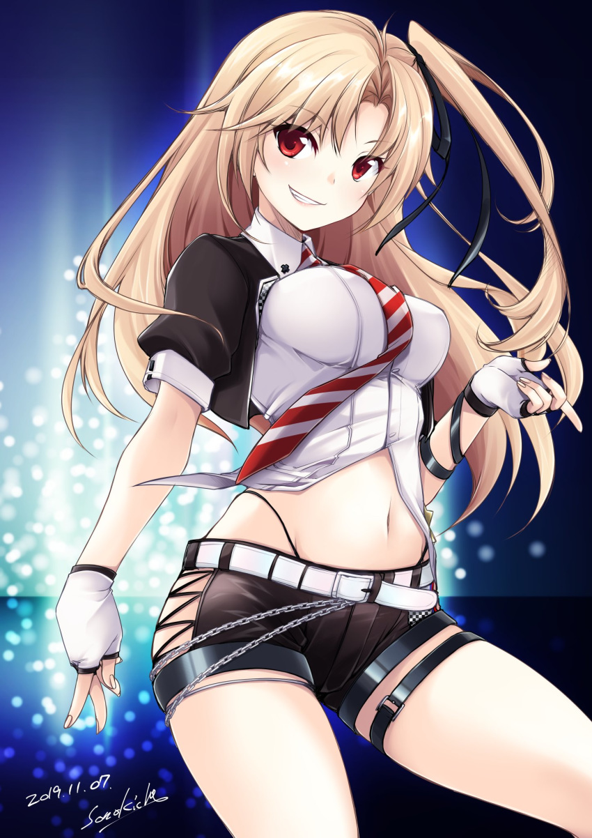 azur_lane black_ribbon black_shorts blonde_hair breasts buttons cleveland_(azur_lane) cleveland_(muse)_(azur_lane) collared_shirt commentary_request dated female fingerless_gloves gloves grin hair_ribbon highres long_hair looking_at_viewer medium_breasts midriff navel necktie one_side_up parted_bangs red_eyes red_necktie ribbon shirt short_shorts short_sleeves shorts shrug_(clothing) signature smile solo sono_kichi standing striped striped_necktie teeth thong white_gloves white_necktie white_shirt