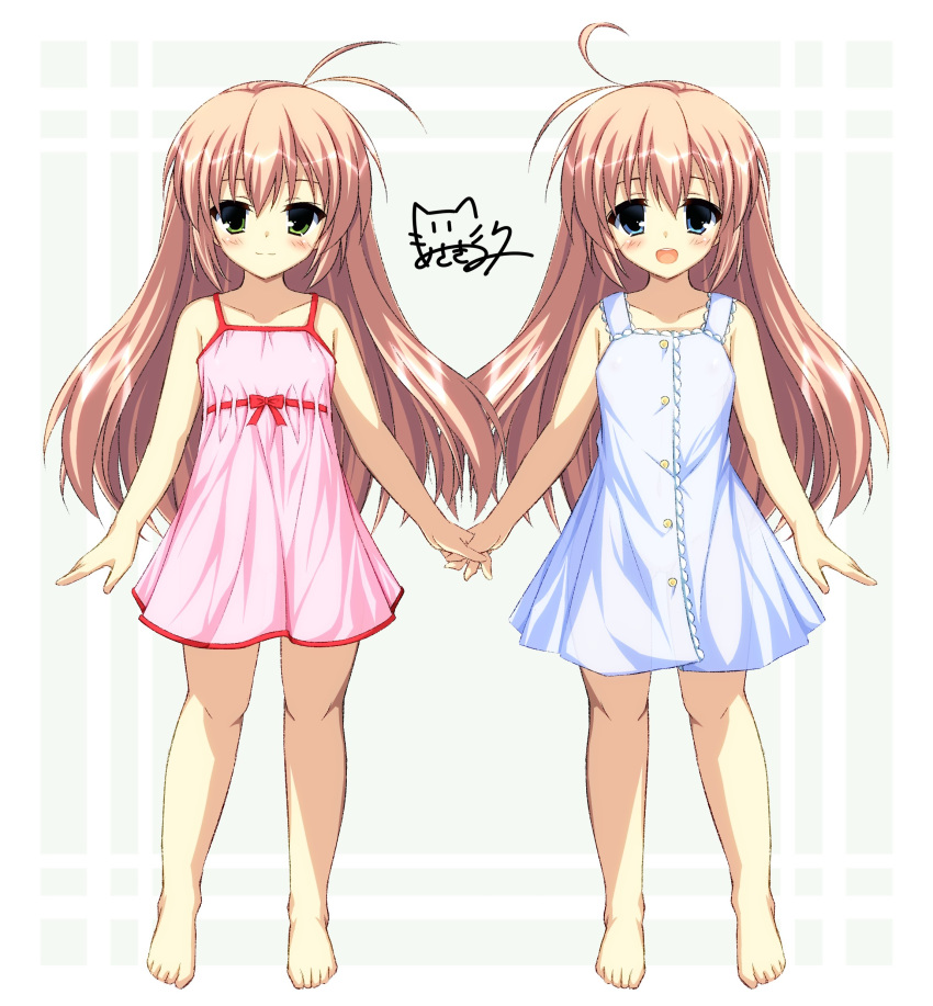 2girls absurdres ahoge asagi_nanami barefoot blue_dress blue_eyes blush commentary_request dress full_body green_eyes hajimete_no_orusuban highres holding_hands lolicon long_hair mizuki_saori mizuki_shiori multiple_girls nipples official_art open_mouth pink_dress pink_hair see-through short_dress siblings signature sisters smile sundress toes twins